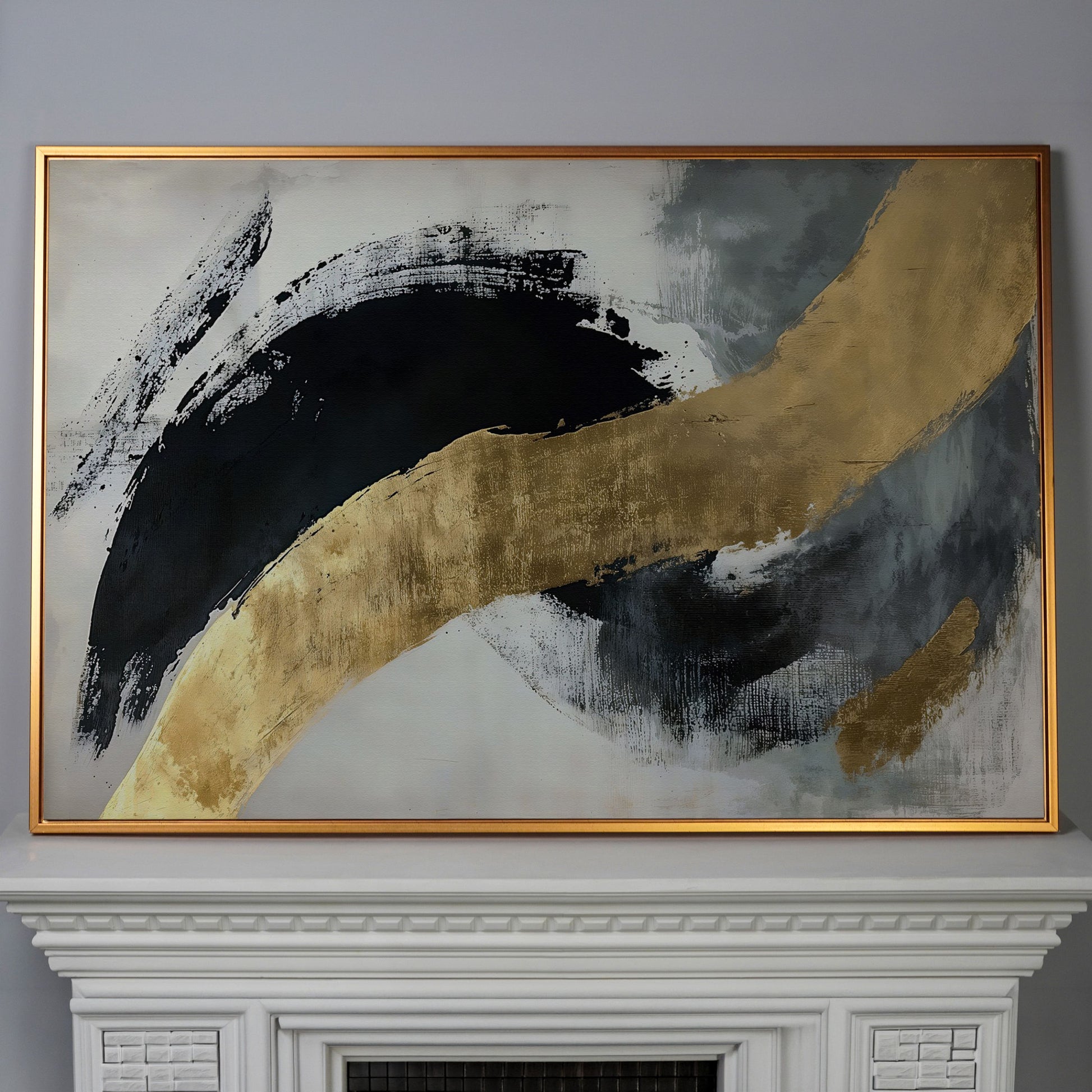 Black and Gold Abstract Canvas in antique gold floating frame