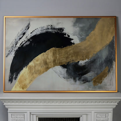 Black and Gold Abstract Canvas in antique gold floating frame