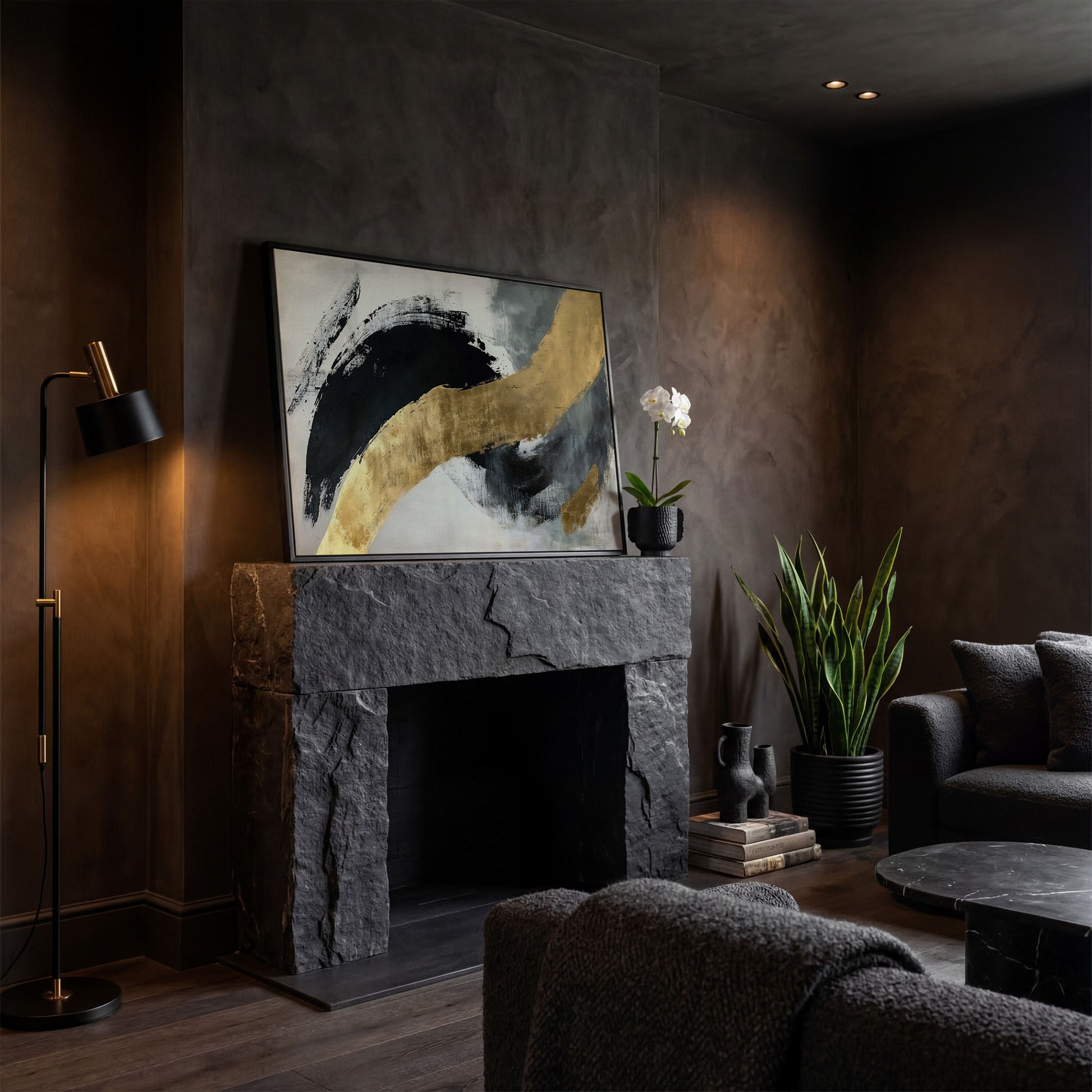 Black and Gold Abstract Canvas in black floating frame
