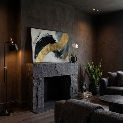 Black and Gold Abstract Canvas in black floating frame