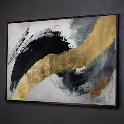 Black and Gold Abstract Canvas shown in black floating frame