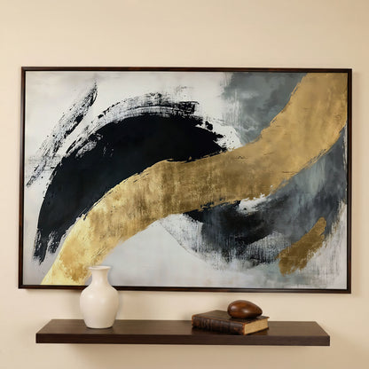 Black and Gold Abstract Canvas in dark walnut floating frame