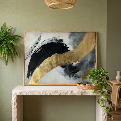 Black and Gold Abstract Canvas in white oak floating frame