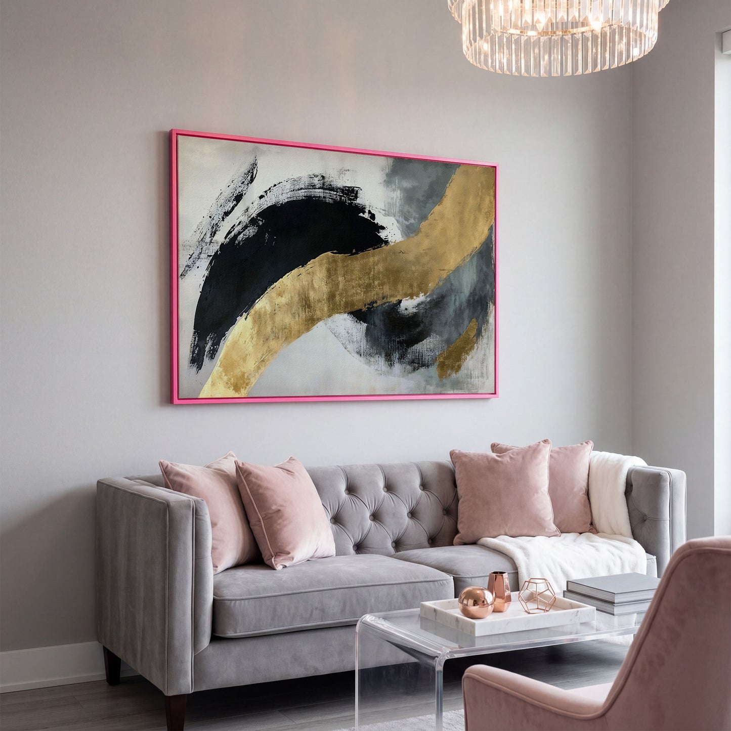 Black and Gold Abstract Canvas in pink floating frame