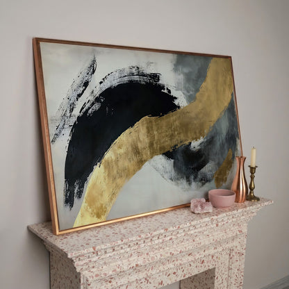 Black and Gold Abstract Canvas in rose gold floating frame