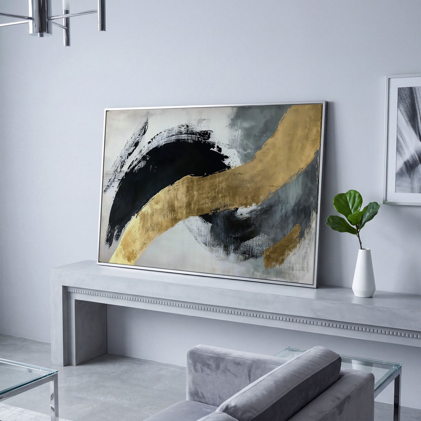 Black and Gold Abstract Canvas in silver floating frame