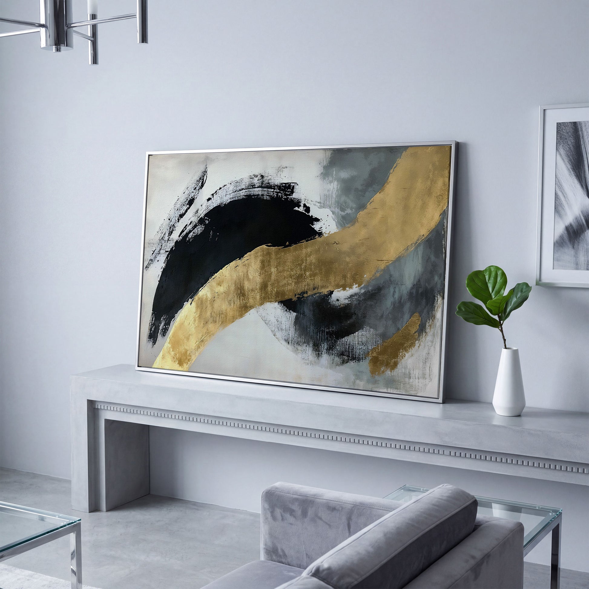 Black and Gold Abstract Canvas in silver floating frame