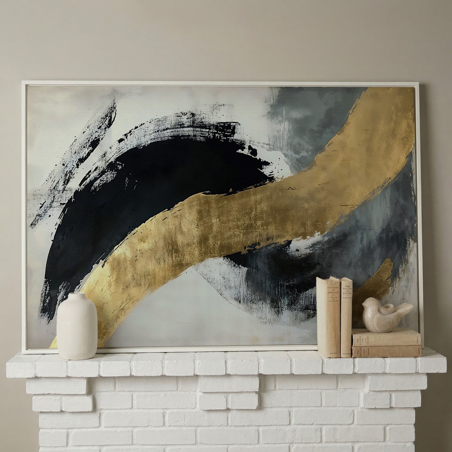 Black and Gold Abstract Canvas in white floating frame