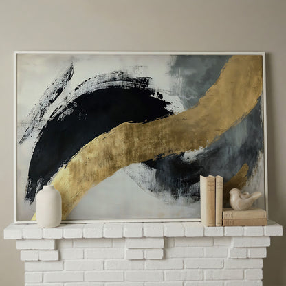 Black and Gold Abstract Canvas in white floating frame