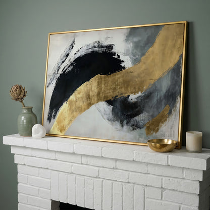 Black and Gold Abstract Canvas in yellow gold floating frame