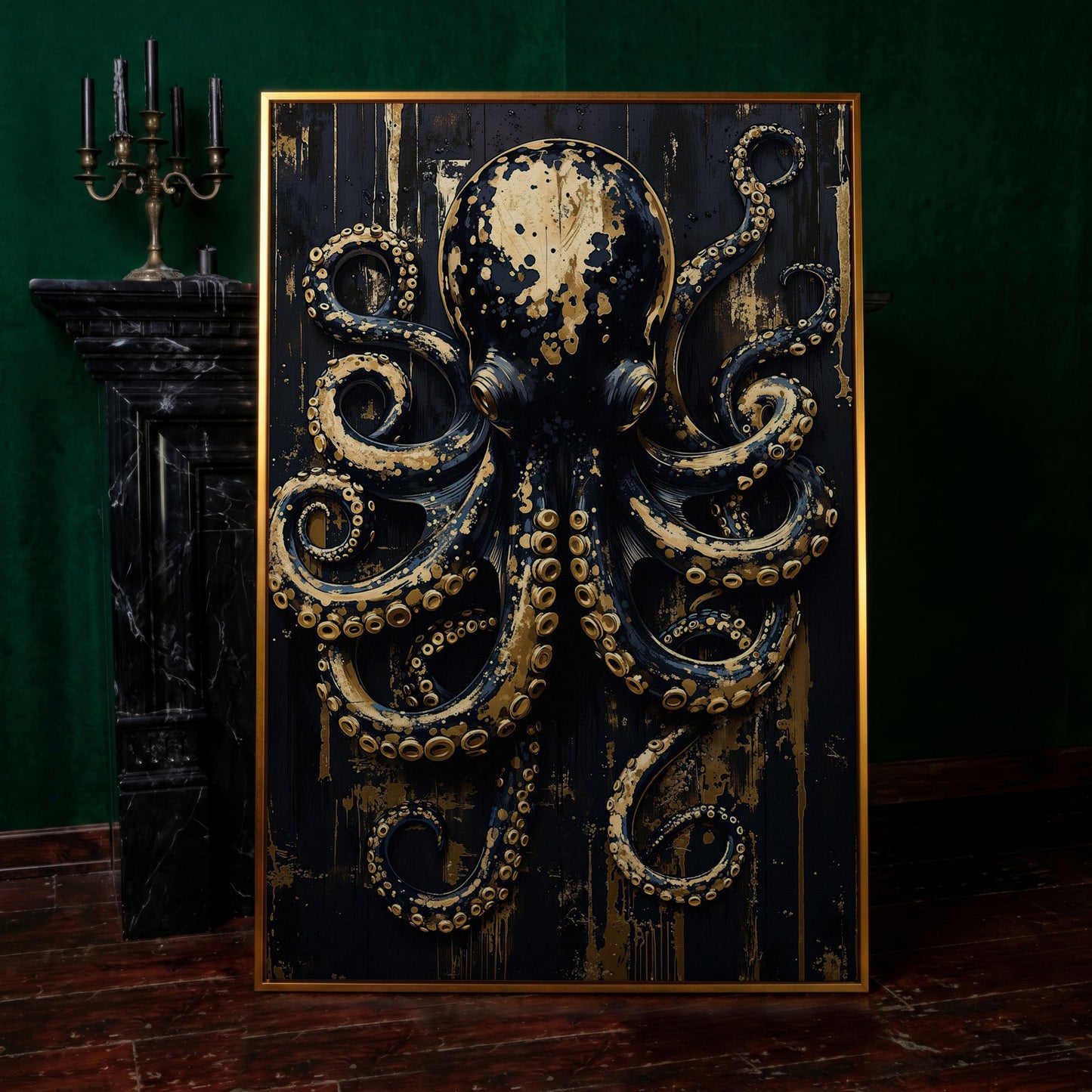 Black and Gold Octopus Canvas Print in antique gold floating frame