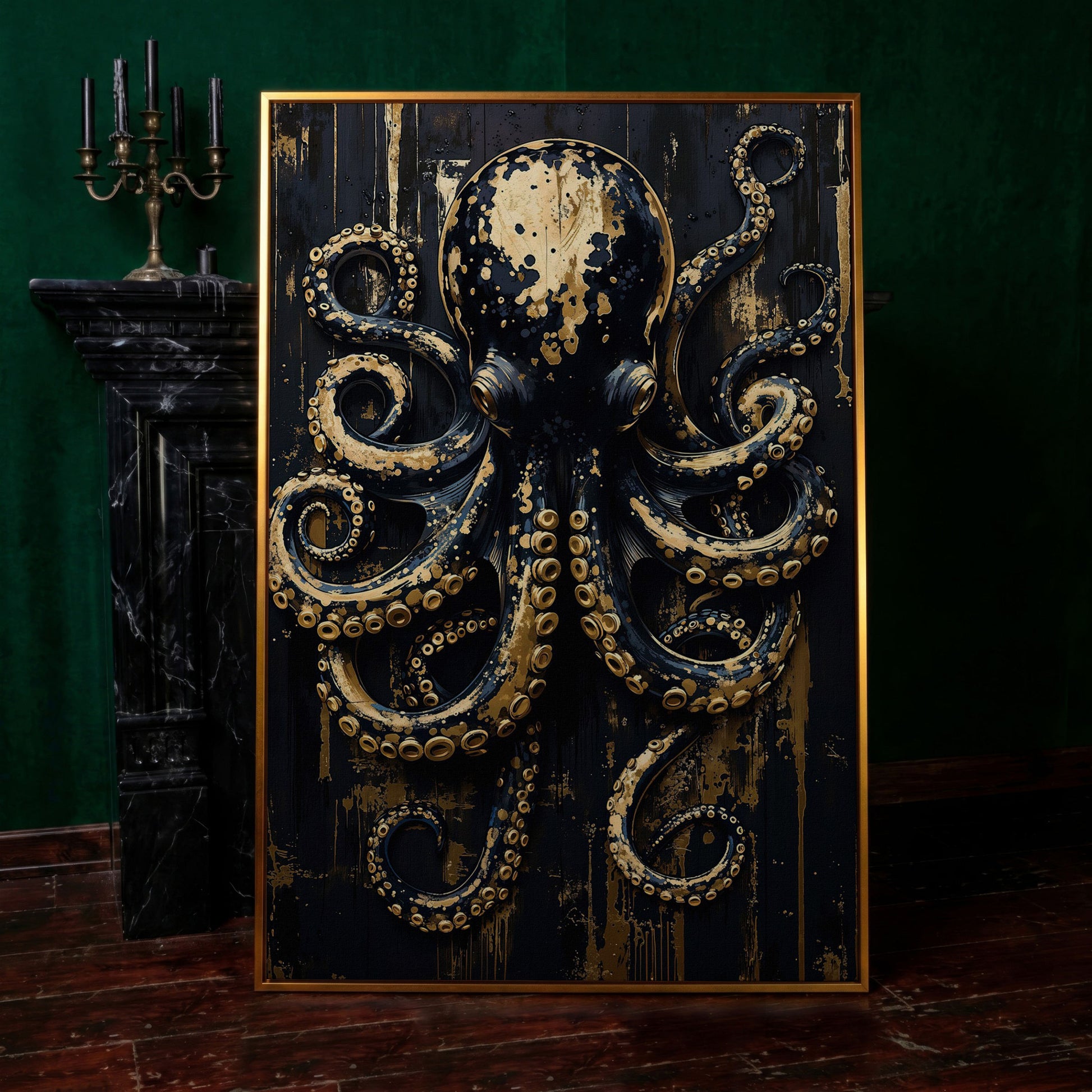 Black and Gold Octopus Canvas Print in antique gold floating frame