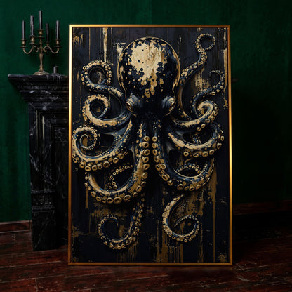Black and Gold Octopus Canvas Print in antique gold floating frame