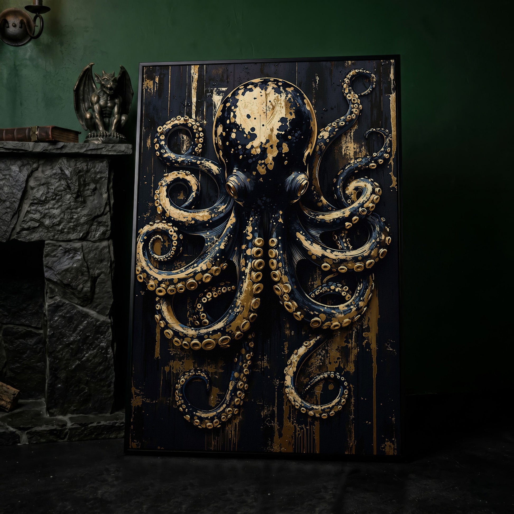 Black and Gold Octopus Canvas Print in black floating frame