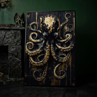 Black and Gold Octopus Canvas Print in black floating frame