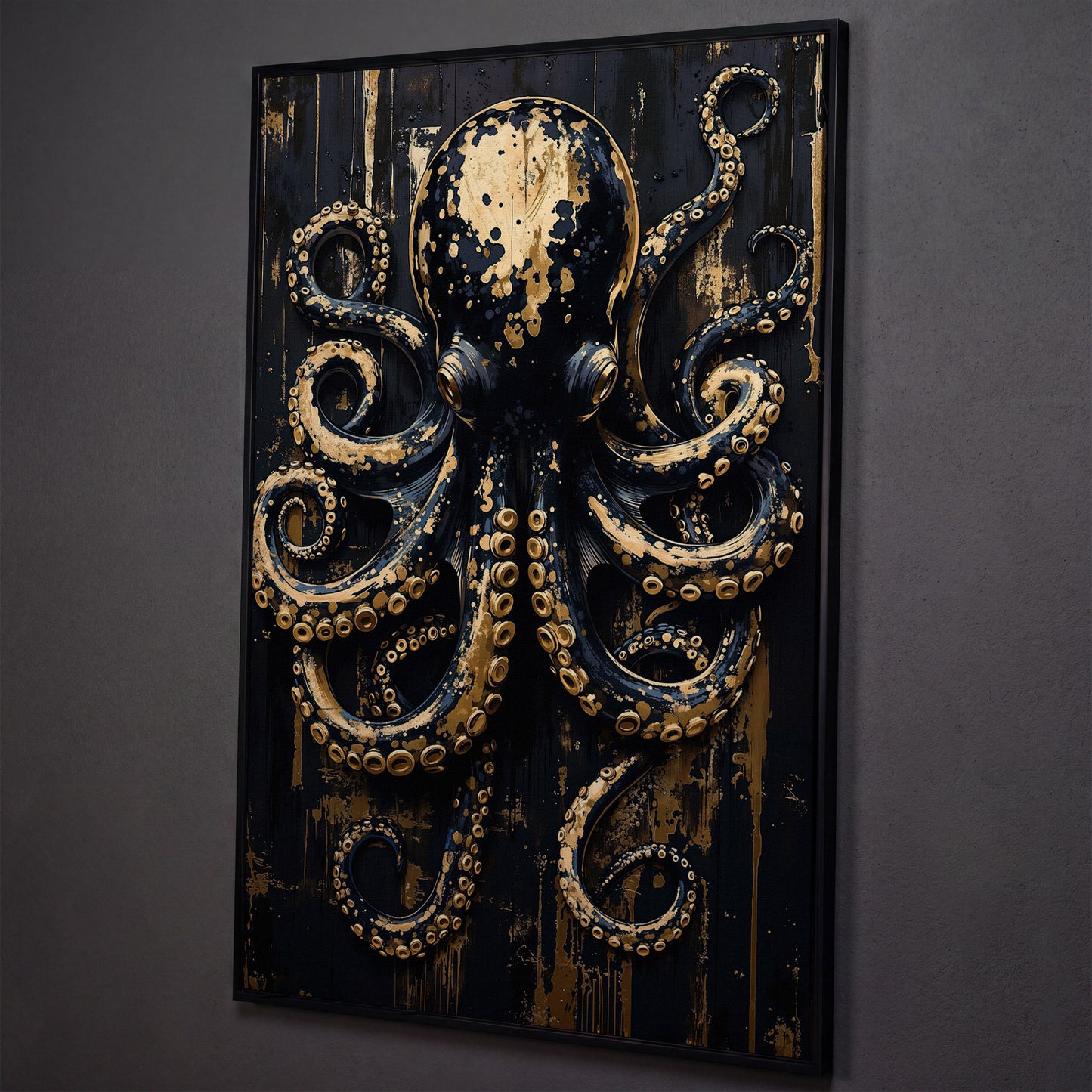 Black and Gold Octopus Canvas Print shown in black floating frame