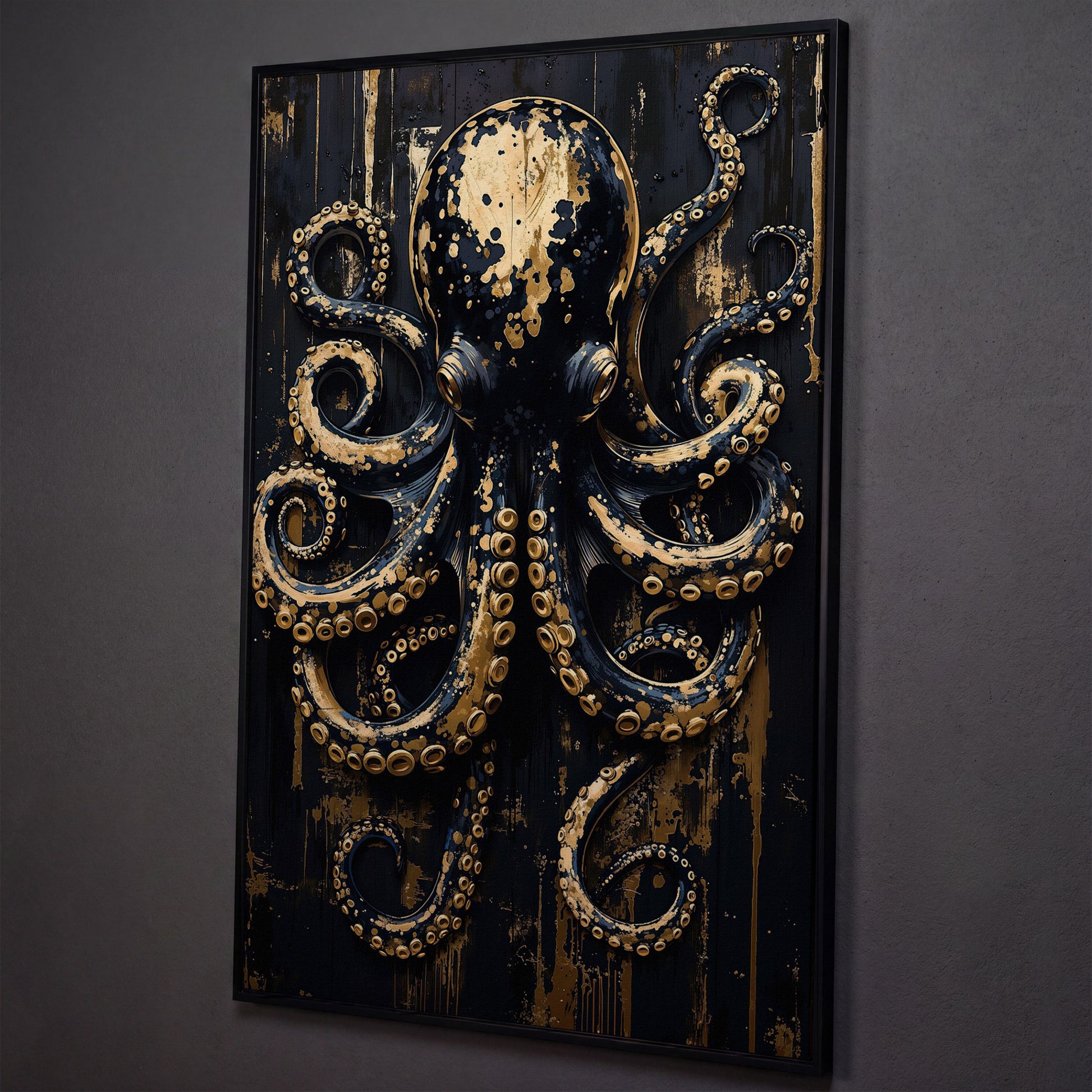 Black and Gold Octopus Canvas Print shown in black floating frame