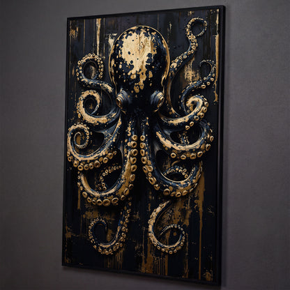 Black and Gold Octopus Canvas Print shown in black floating frame