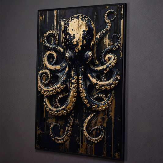 Black and Gold Octopus Canvas Print shown in black floating frame