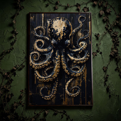 Black and Gold Octopus Canvas Print in dark walnut floating frame