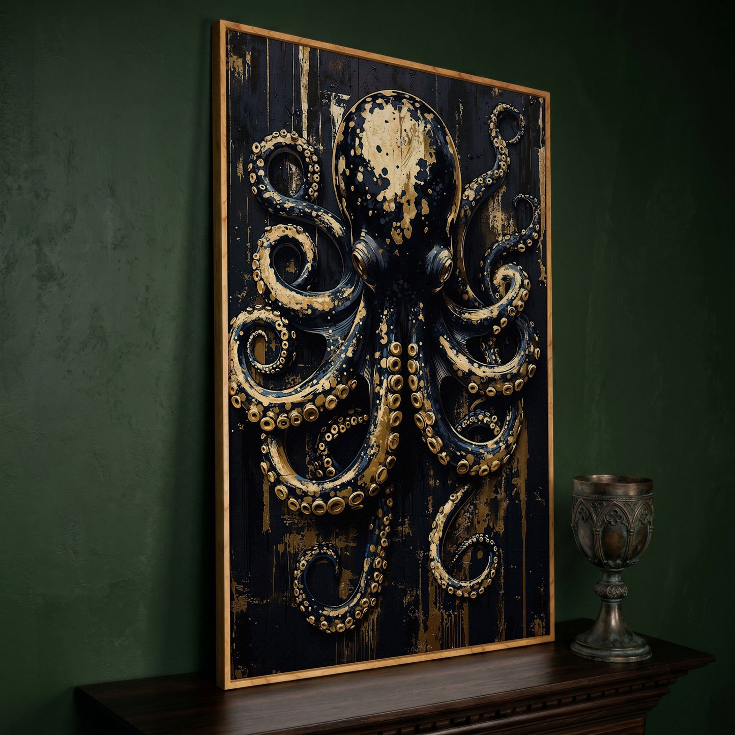 Black and Gold Octopus Canvas Print in white oak floating frame