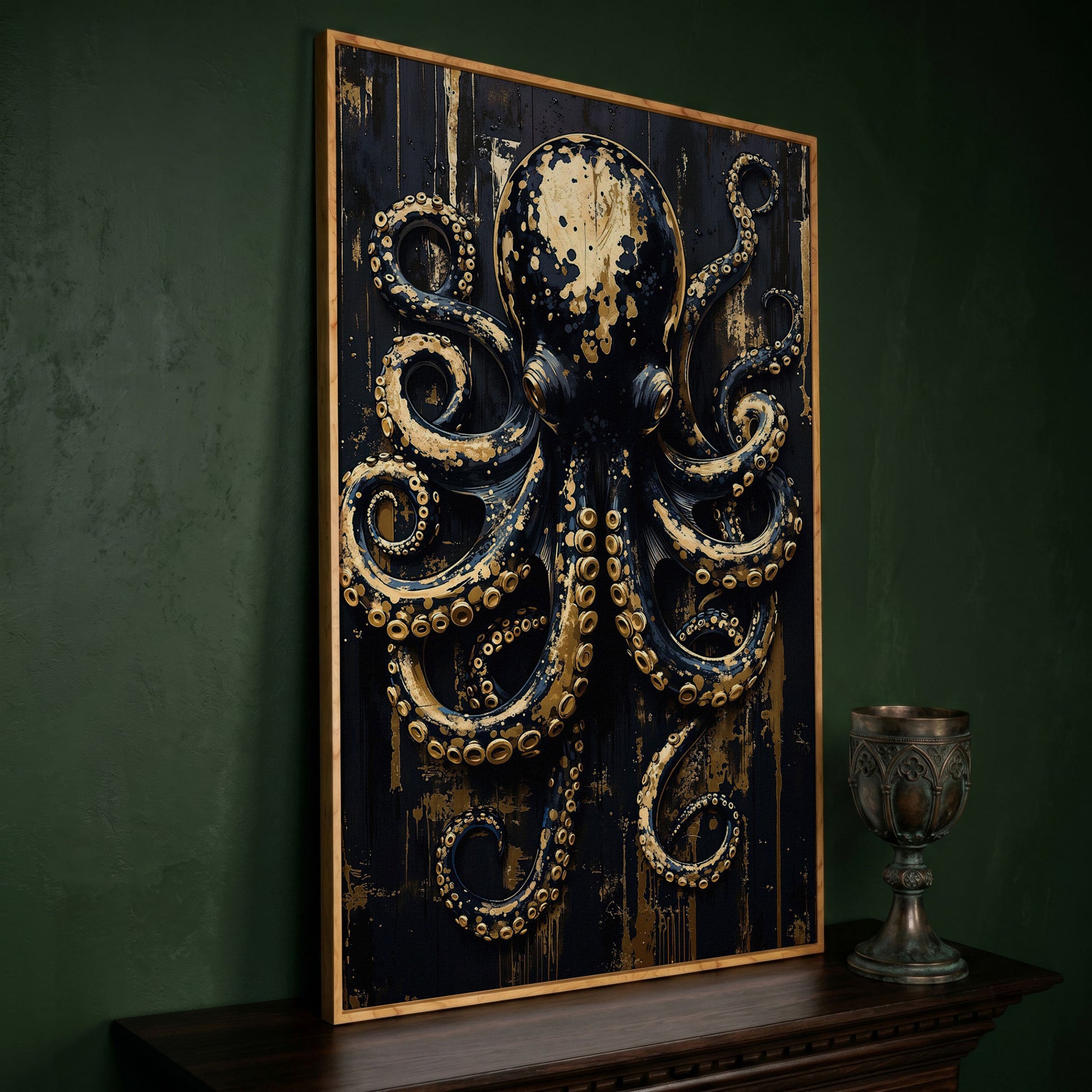 Black and Gold Octopus Canvas Print in white oak floating frame