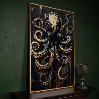 Black and Gold Octopus Canvas Print in white oak floating frame