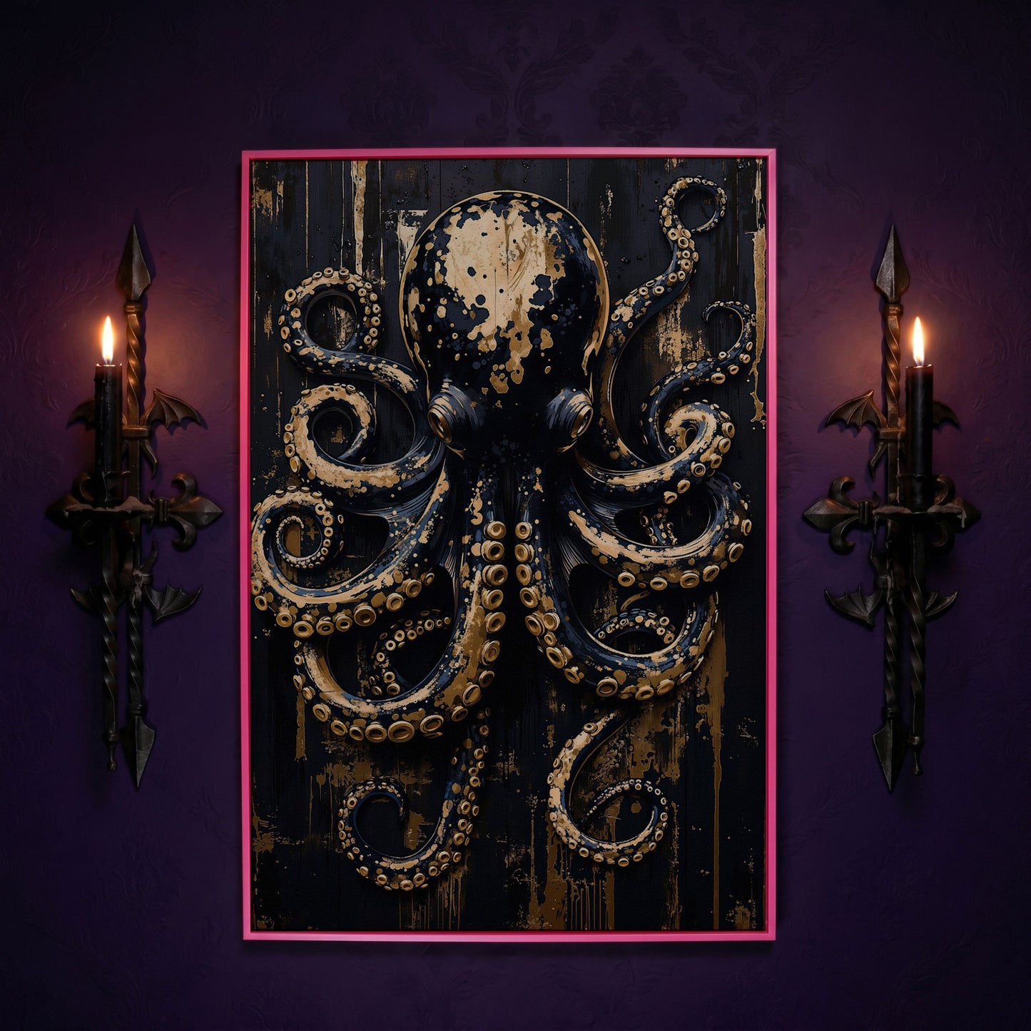 Black and Gold Octopus Canvas Print in pink floating frame
