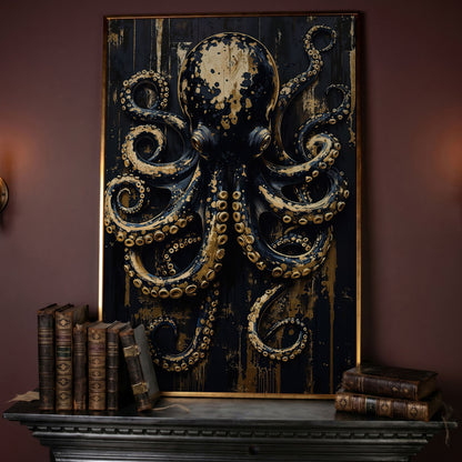 Black and Gold Octopus Canvas Print in rose gold floating frame