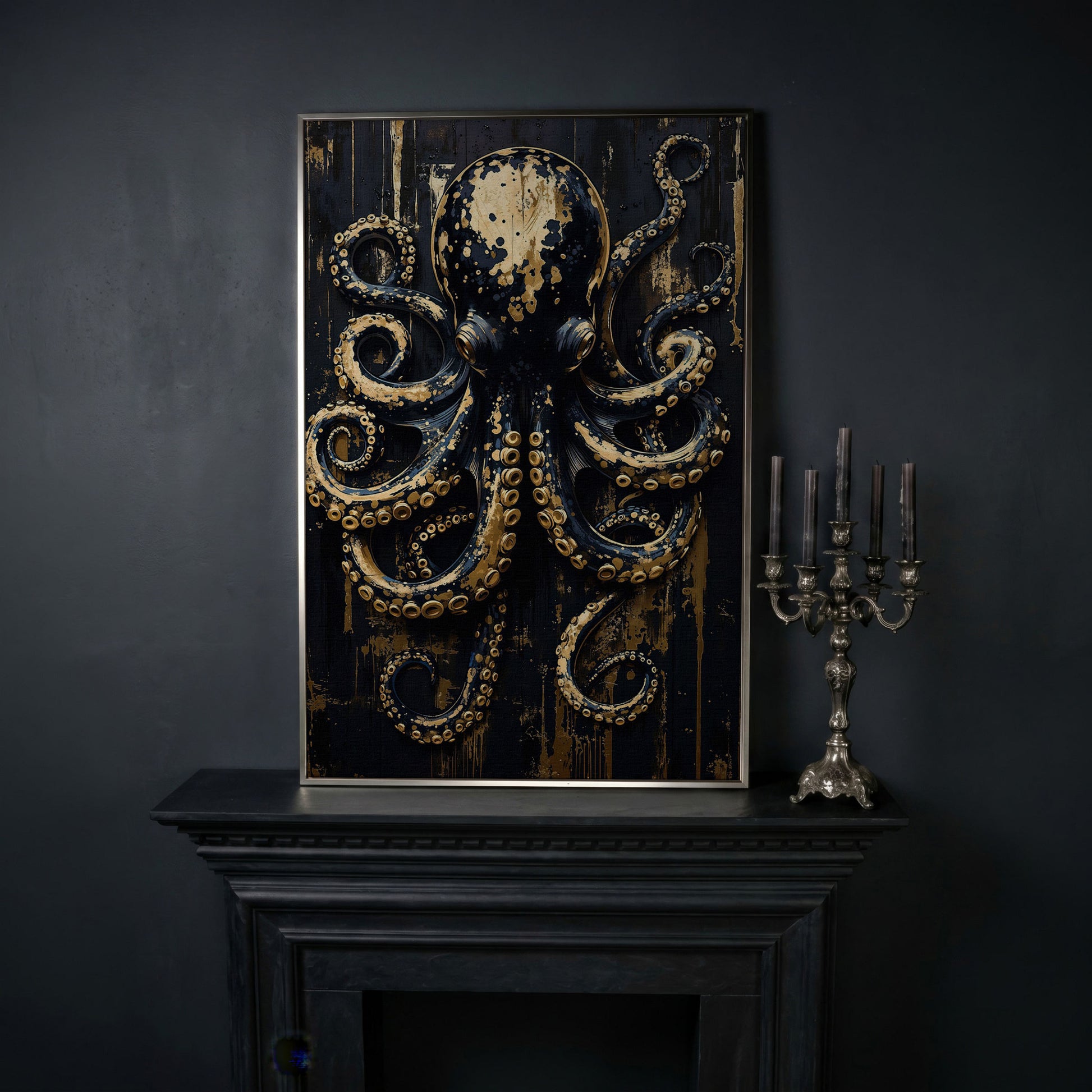 Black and Gold Octopus Canvas Print in silver floating frame