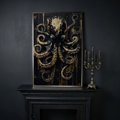 Black and Gold Octopus Canvas Print in silver floating frame