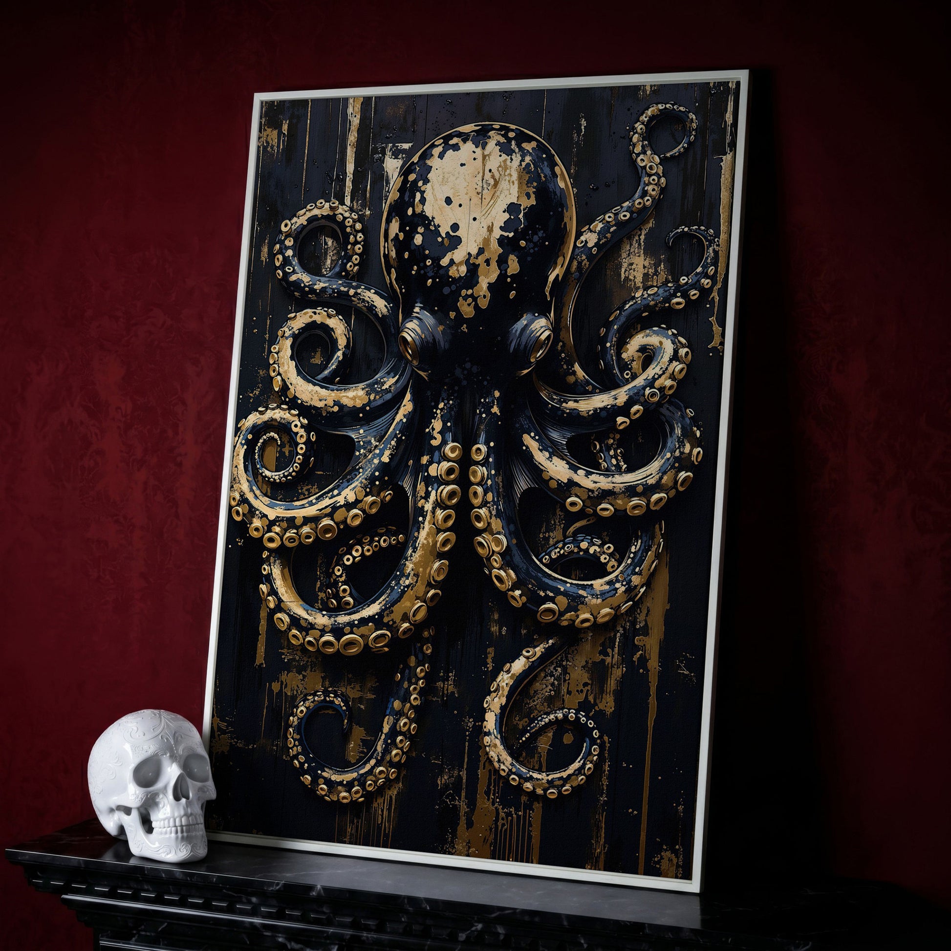 Black and Gold Octopus Canvas Print in white floating frame