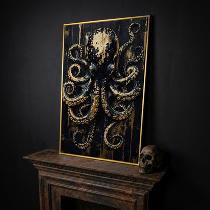 Black and Gold Octopus Canvas Print in yellow gold floating frame