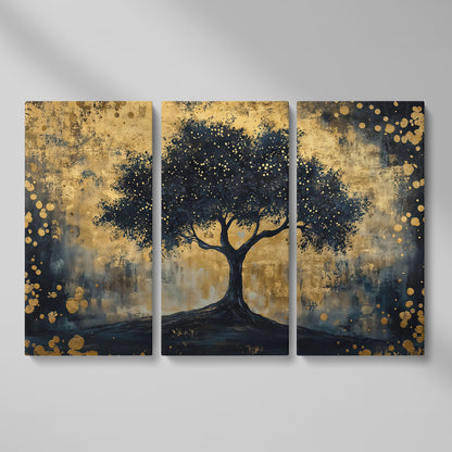 Mystical Beauty Tree Black and Gold Canvas as 3-panel split version
