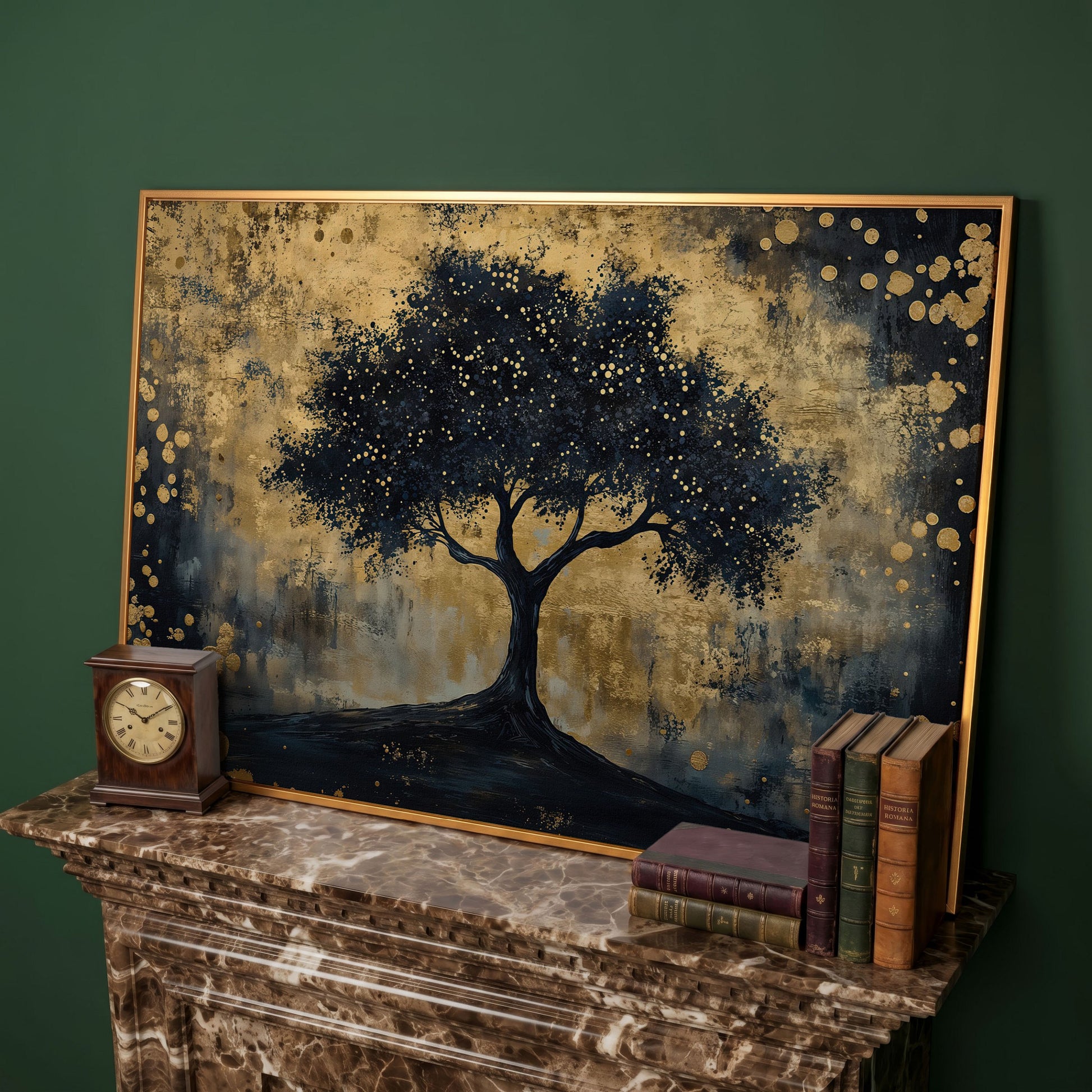 Mystical Beauty Tree Black and Gold Canvas in antique gold floating frame