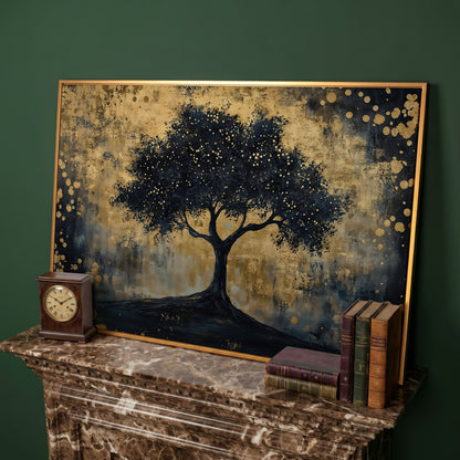 Mystical Beauty Tree Black and Gold Canvas in antique gold floating frame