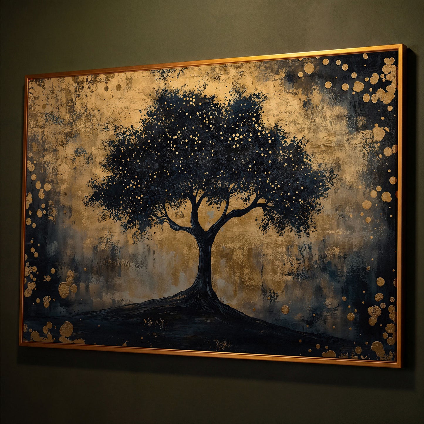 Mystical Beauty Tree Black and Gold Canvas shown in antique gold floating frame