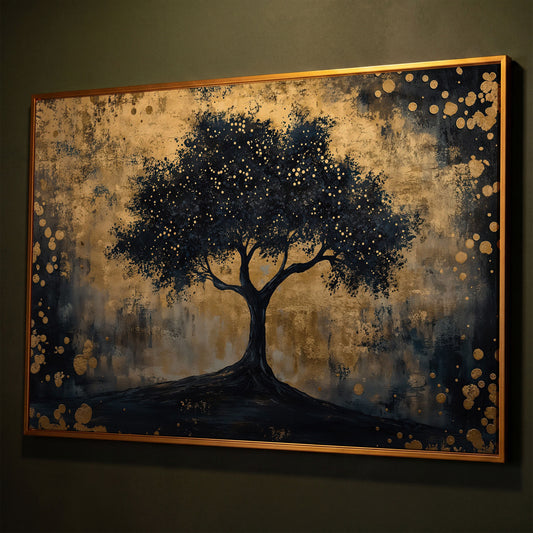 Mystical Beauty Tree Black and Gold Canvas shown in antique gold floating frame