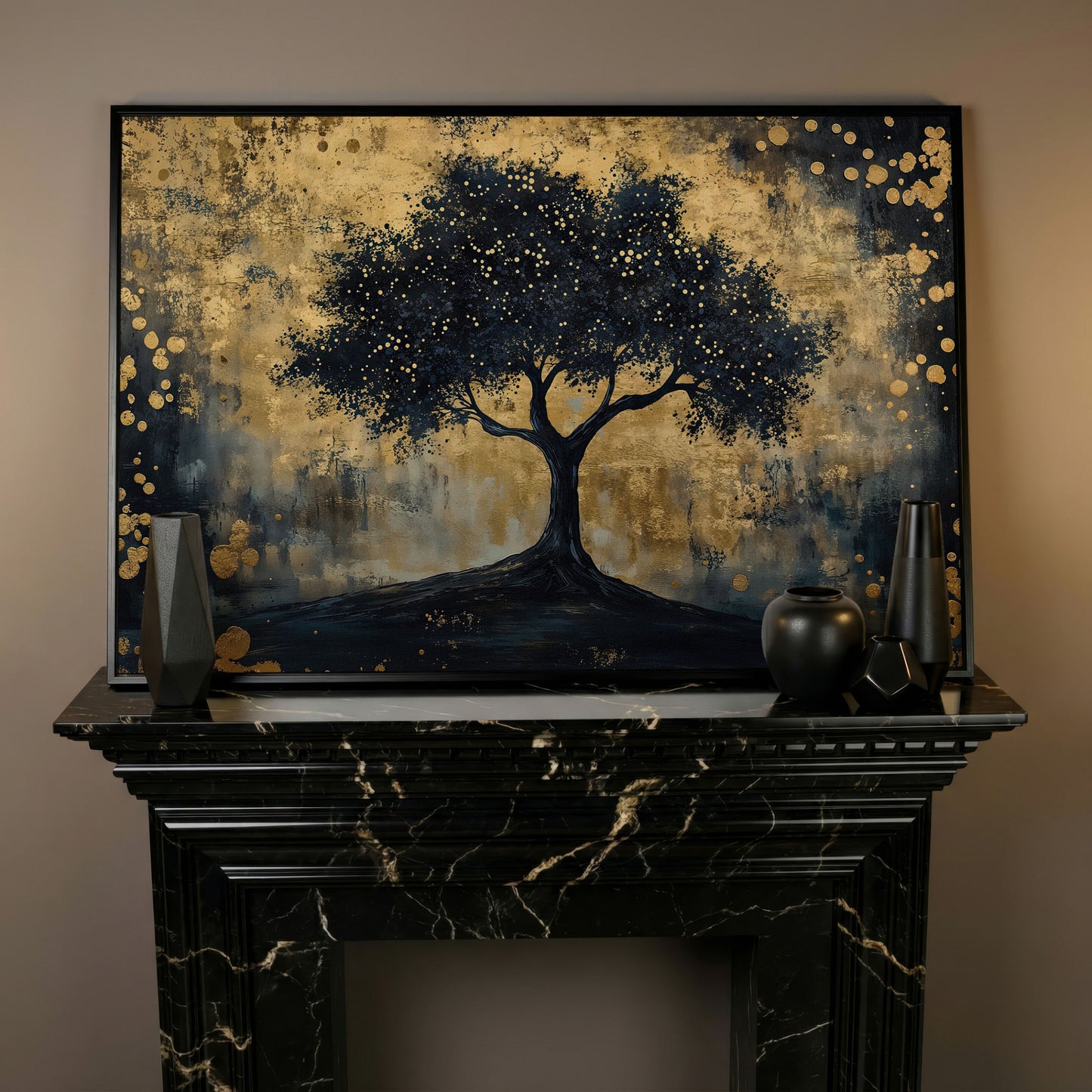 Mystical Beauty Tree Black and Gold Canvas in black floating frame