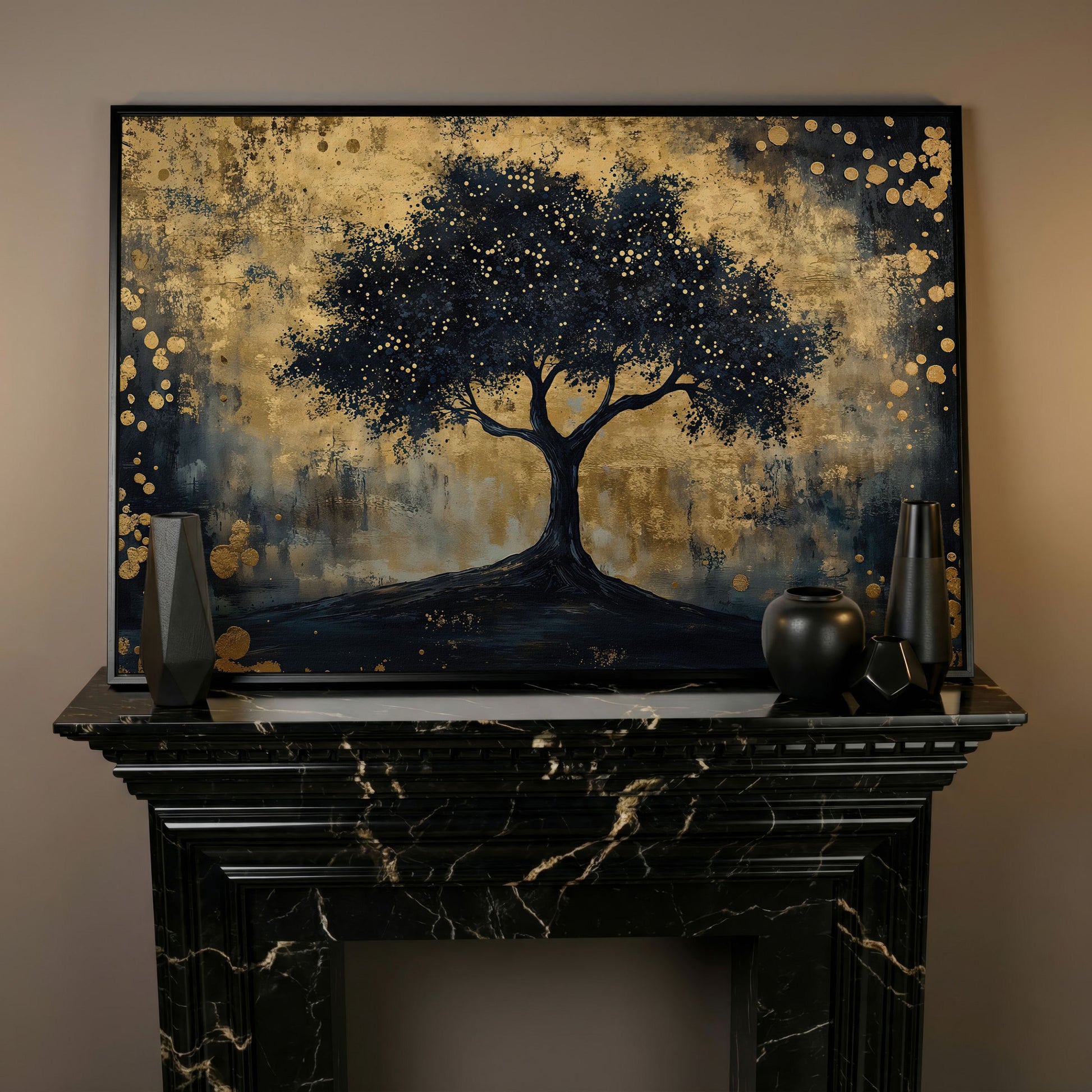 Mystical Beauty Tree Black and Gold Canvas in black floating frame
