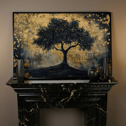 Mystical Beauty Tree Black and Gold Canvas in black floating frame