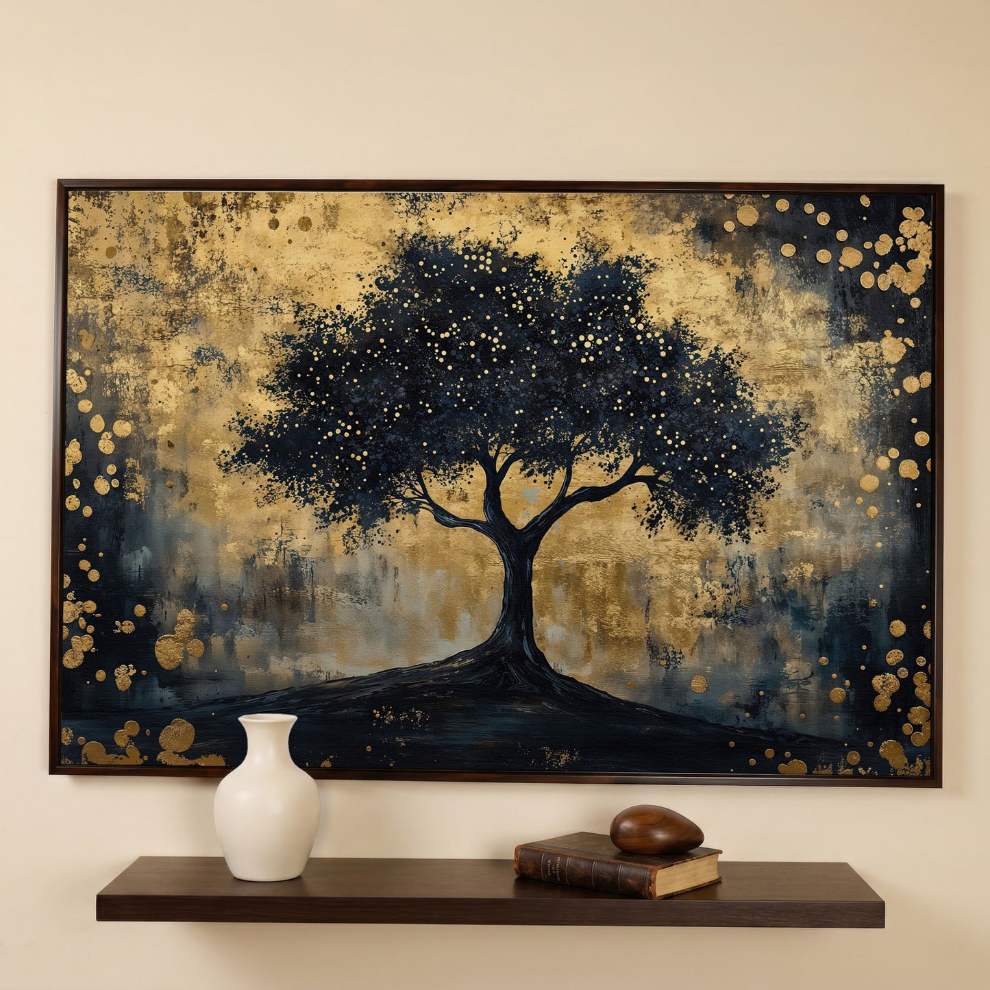 Mystical Beauty Tree Black and Gold Canvas in dark walnut floating frame