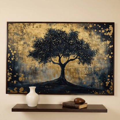 Mystical Beauty Tree Black and Gold Canvas in dark walnut floating frame