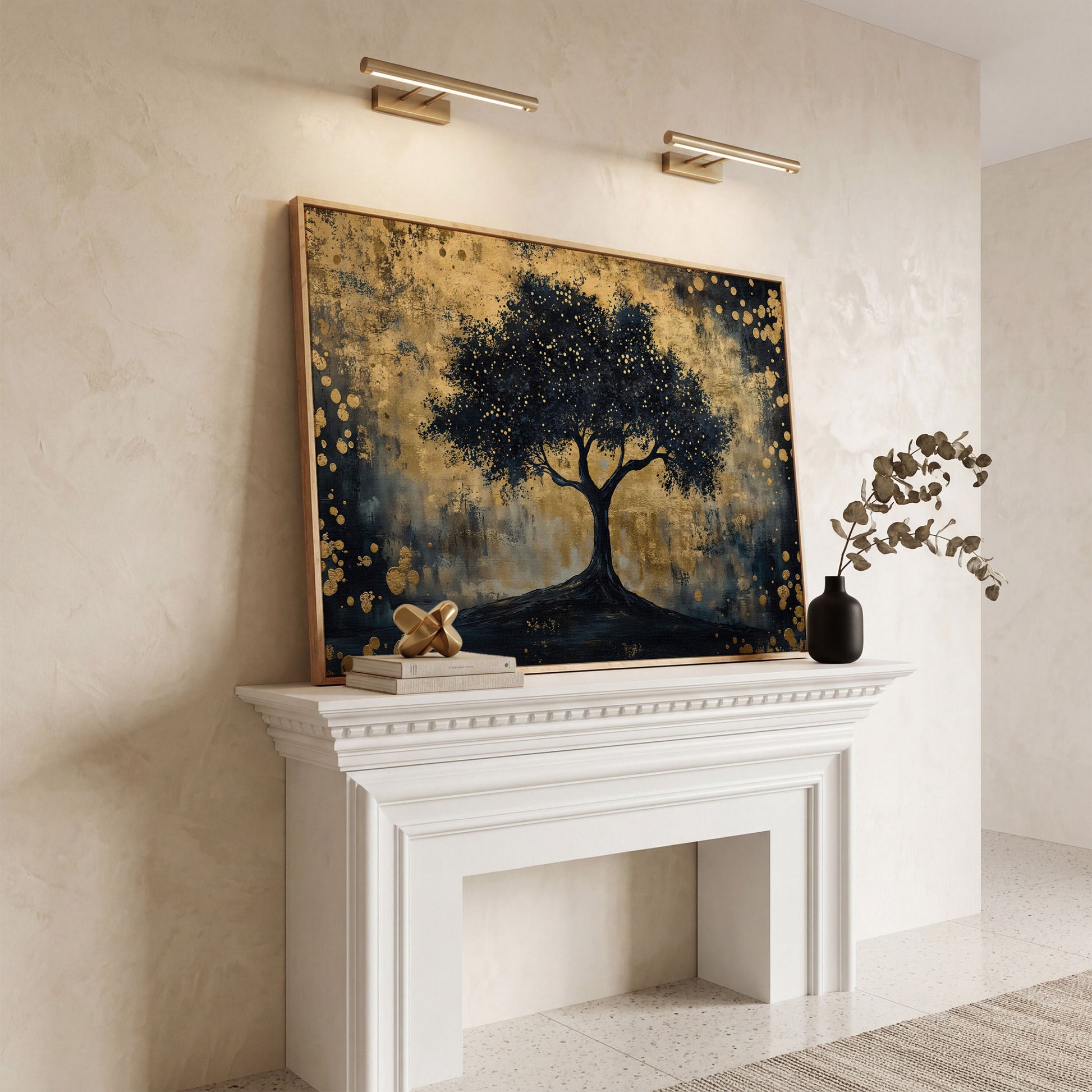 Mystical Beauty Tree Black and Gold Canvas in white oak floating frame
