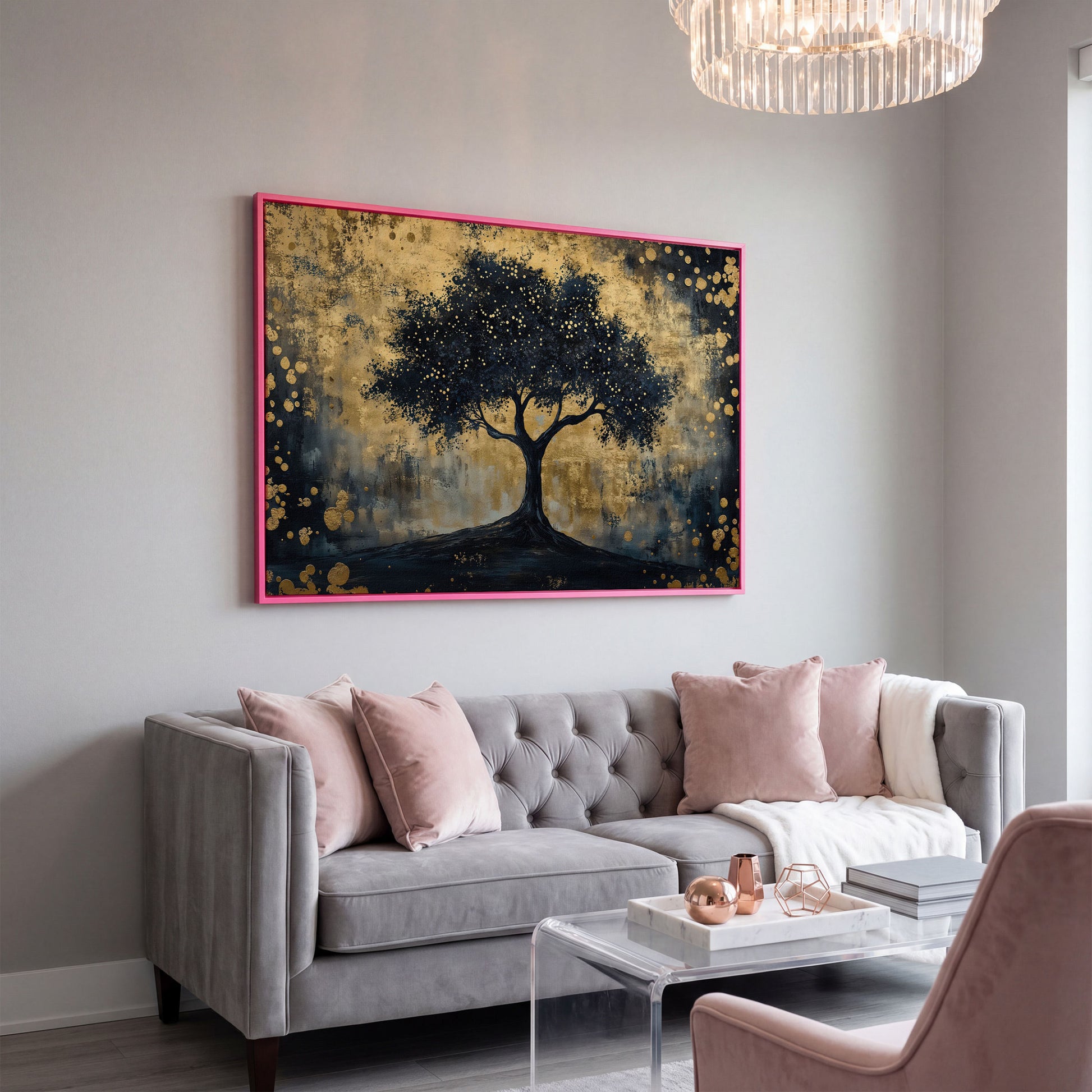 Mystical Beauty Tree Black and Gold Canvas in pink floating frame