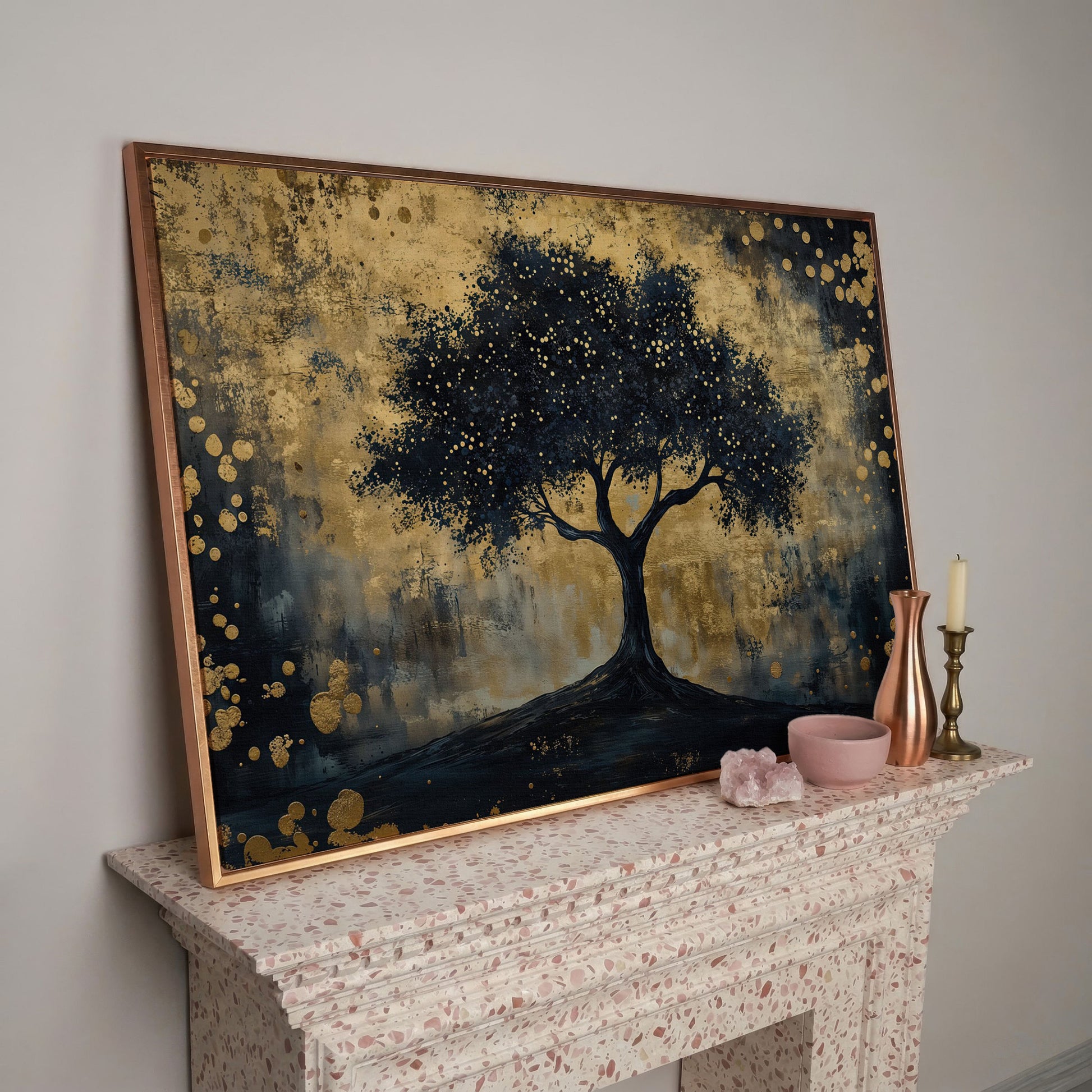 Mystical Beauty Tree Black and Gold Canvas in rose gold floating frame