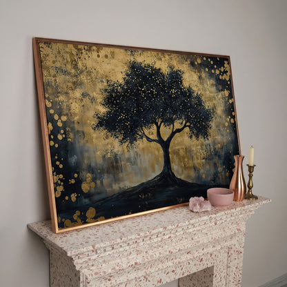 Mystical Beauty Tree Black and Gold Canvas in rose gold floating frame