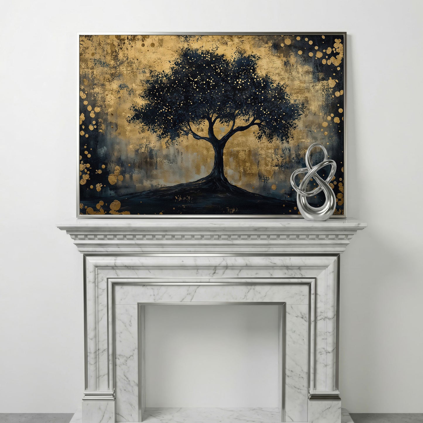 Mystical Beauty Tree Black and Gold Canvas in silver floating frame