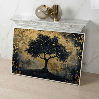 Mystical Beauty Tree Black and Gold Canvas in white floating frame