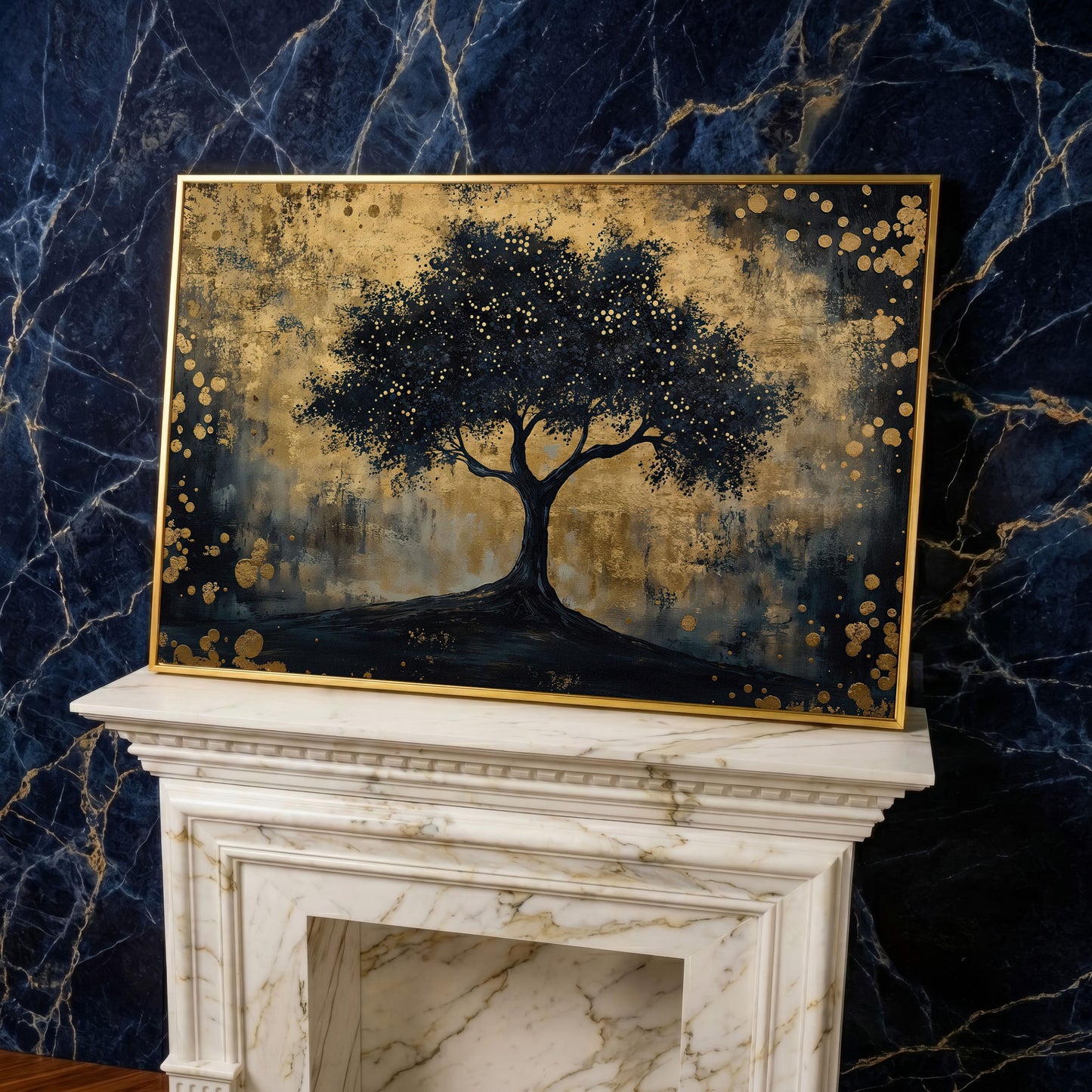 Mystical Beauty Tree Black and Gold Canvas in yellow gold floating frame